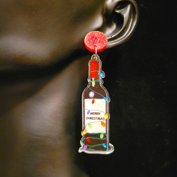 2/$20 X-Mas Resin Wine Bottle Earrings - Picture 3 of 4